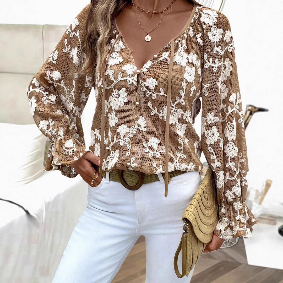 Women's V-Neck Blouse with Floral Embroidery, Pearl Button Placket and Balloon Sleeves Mune Fashion