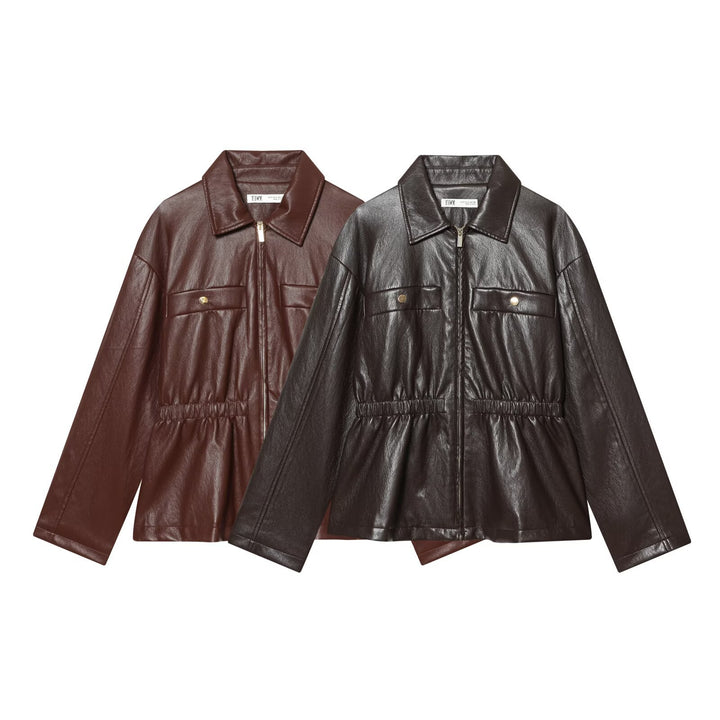 Women's short jacket in vegan leather look with cinching drawstring and flap pockets Mune Fashion
