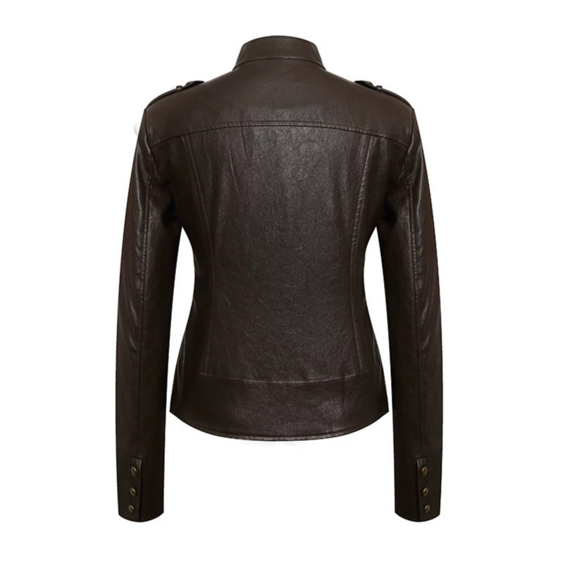 Women’s fitted leather jacket in military style with stand-up collar and decorative button placket Mune Fashion