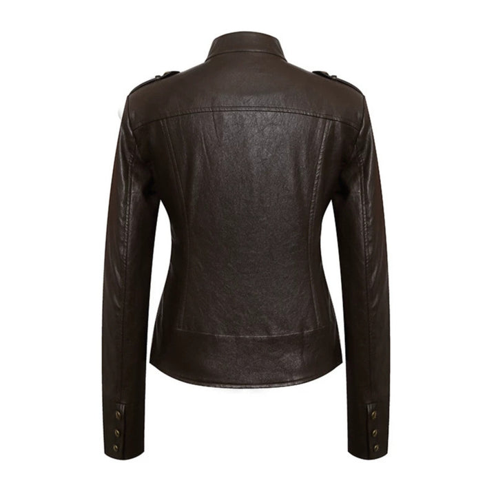 Women’s fitted leather jacket in military style with stand-up collar and decorative button placket Mune Fashion