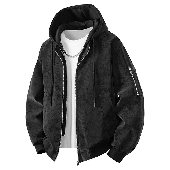 Men's velvet imitation transitional bomber-style jacket with stand-up collar, press stud fastening & elastic cuffs.