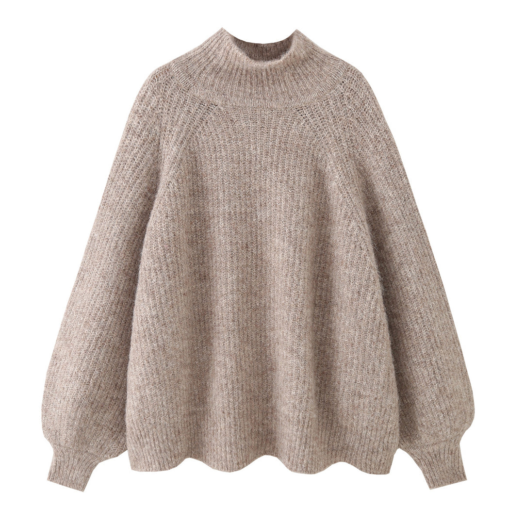 Women Oversize Mohair-Optic Knit Sweater with Stand-Up Collar and Balloon Sleeves Mune Fashion