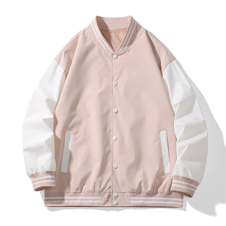 Unisex College varsity bomber jacket with contrast sleeves, striped ribbed cuffs and snap button closure Mune Fashion