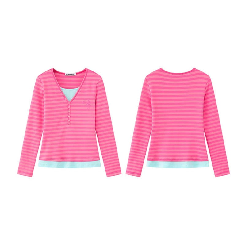 Women’s Layered Long Sleeve Shirt with Henley Button Placket and Contrasting Underlayer Mune Fashion