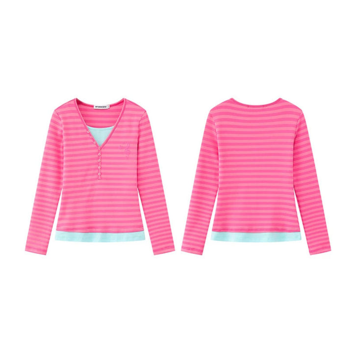 Women’s Layered Long Sleeve Shirt with Henley Button Placket and Contrasting Underlayer Mune Fashion