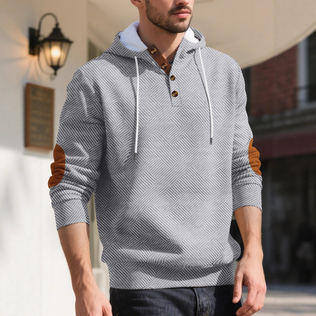 Men's structured hoodie henley pullover with jacquard texture, button placket, and elbow patches Mune Fashion