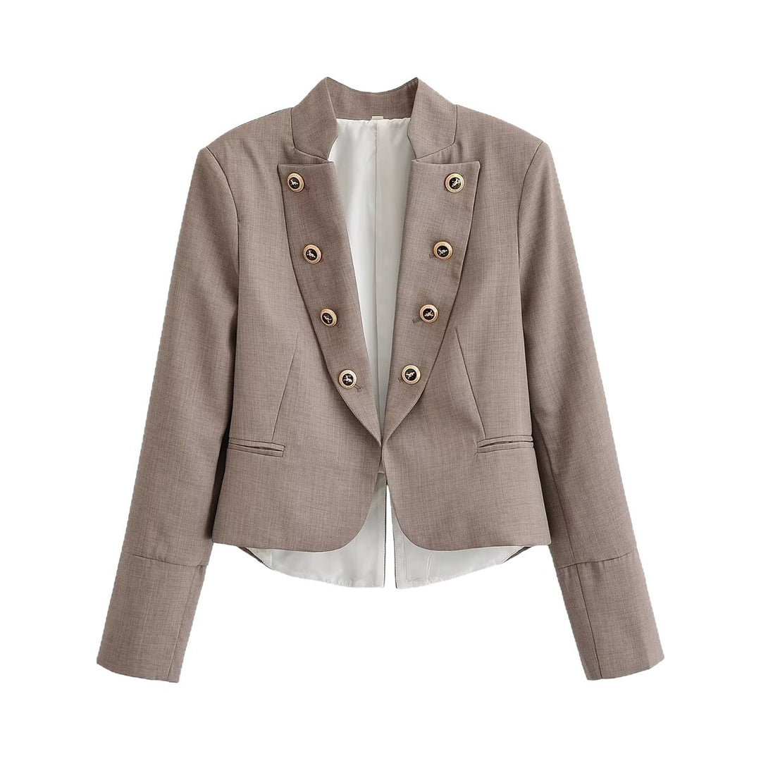 Women's Tailored Cropped Blazer with Stand Collar and Decorative Button Placket Mune Fashion