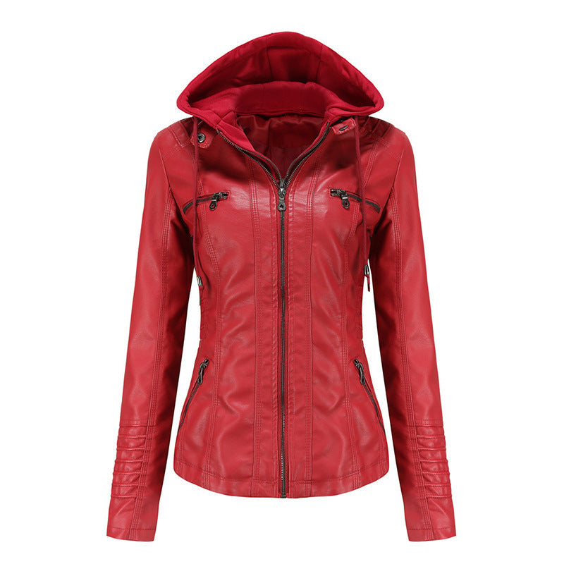 Women Tailored Faux Leather Jacket with Removable Hood and Zipper Mune Fashion