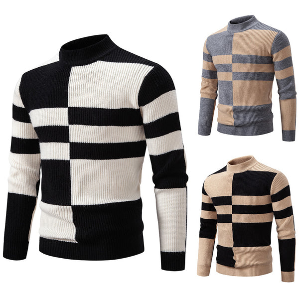 Men's Structured Mockneck Knit Sweater with Asymmetrical Block Pattern Mune Fashion