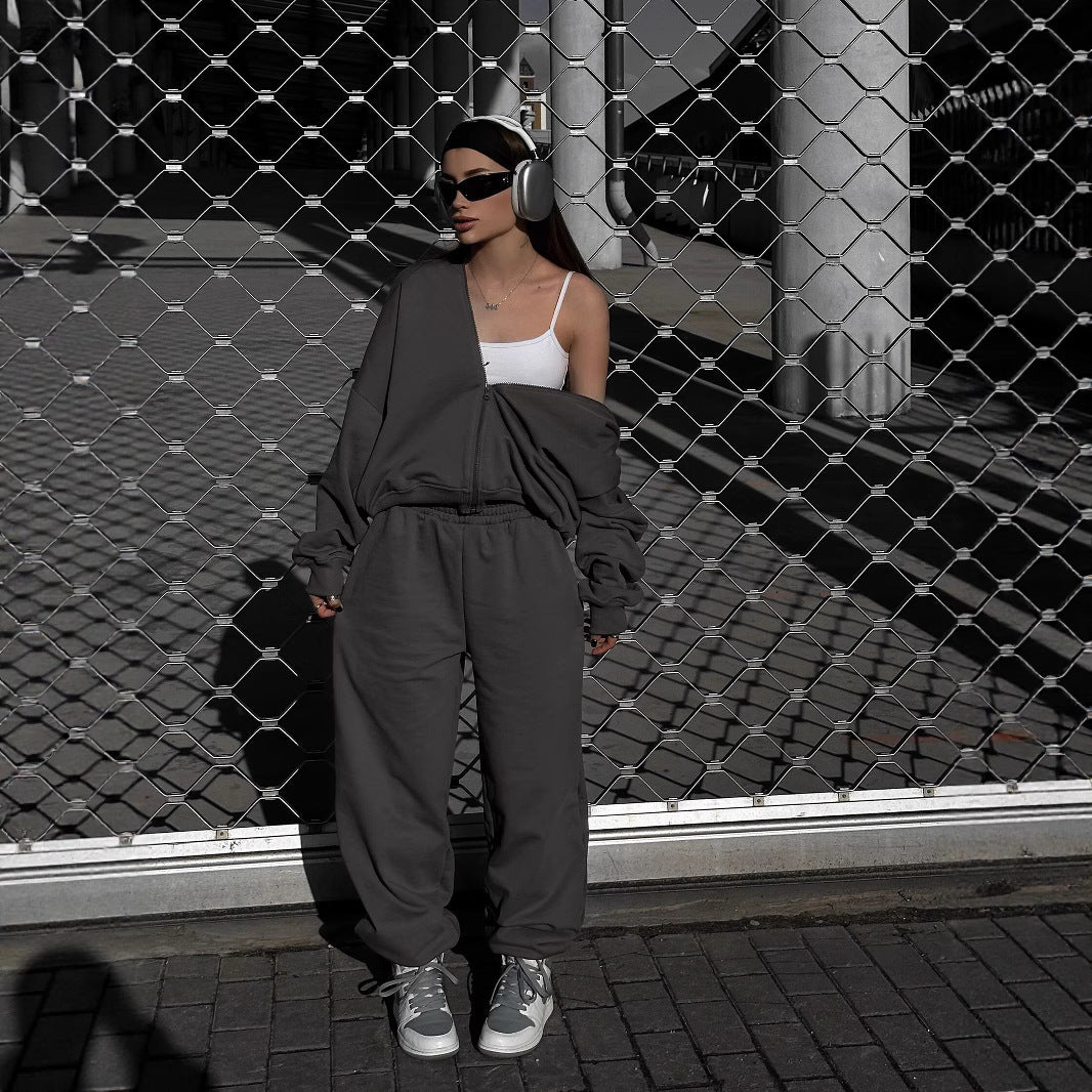 Women Loose-Fit Leisure Set with Zip Hood and Wide Palazzo Jogger Mune Fashion