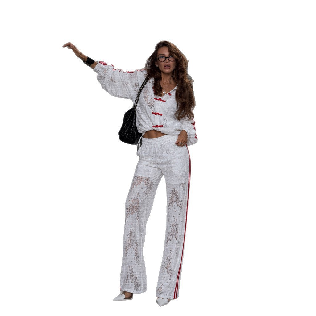 Women's two-piece lace lounge set with cropped hoodie, drawstring pants, and side contrast stripes Mune Fashion
