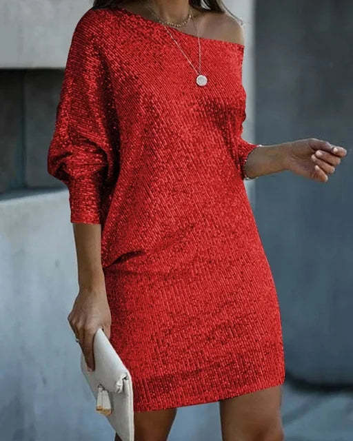 Women's Off-Shoulder Knit Mini Dress with Batwing Sleeves Drune