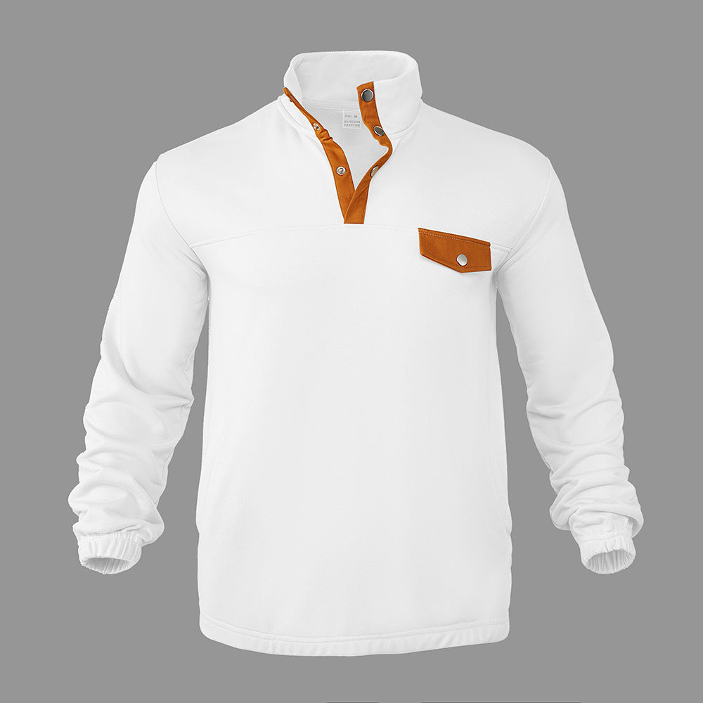 Men's Stand Collar Henley Sweatshirt with Snap Placket and Patch Chest Pocket Mune Fashion