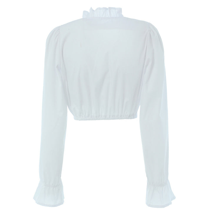 Women's Ruffled Crop Blouse with V-Neck, Gathered Front and Elastic Hem Mune Fashion