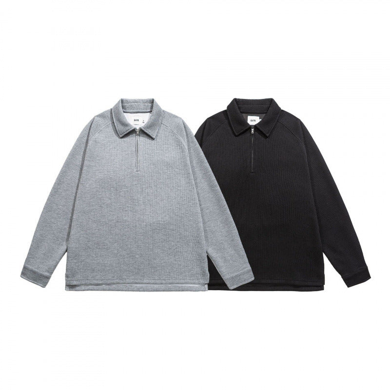 Men's Waffle Knit Half-Zip Pullover with Polo Collar Mune Fashion