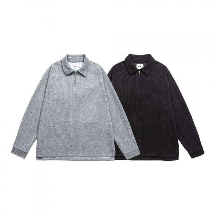 Men's Waffle Knit Half-Zip Pullover with Polo Collar Mune Fashion