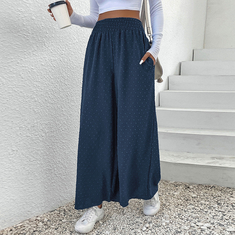 Women's Wide Lightweight Maxi Pants with Elastic Waistband, Structured Dot Texture and Side Pockets Mune Fashion
