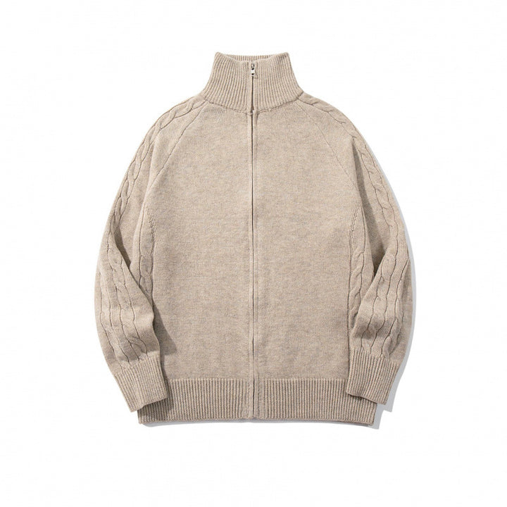 Unisex Boxy Zip Cardigan with Stand-up Collar, Cable Knit Sleeves and Ribbed Hems Mune Fashion
