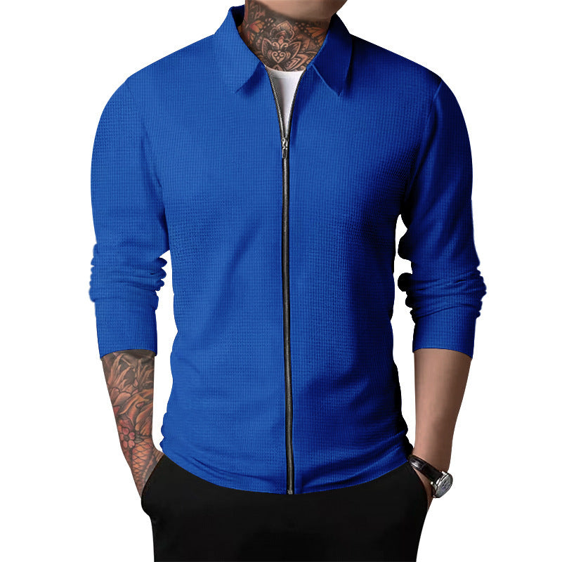 Men's lightweight waffle structure zip shirt with Kent collar, slim fit and continuous zipper Mune Fashion