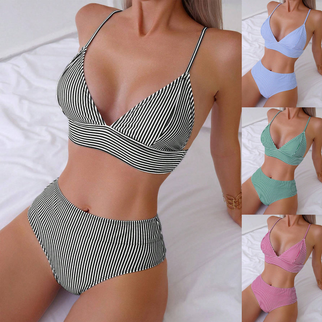Women's High-Waisted Bikini Set with Fine Stripes Mune Fashion