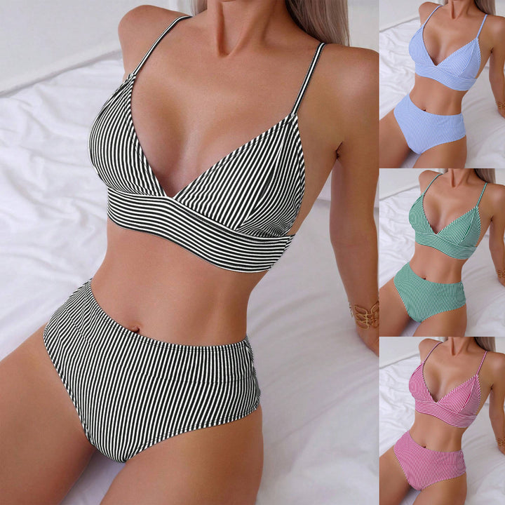 Women's High-Waisted Bikini Set with Fine Stripes Mune Fashion