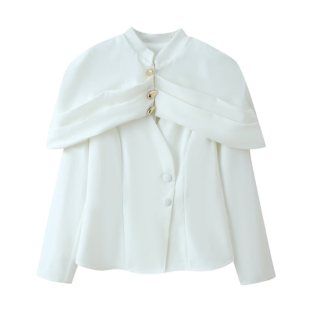 Women Short Tailored Blazer with Cape Overlay and Stand Collar Mune Fashion