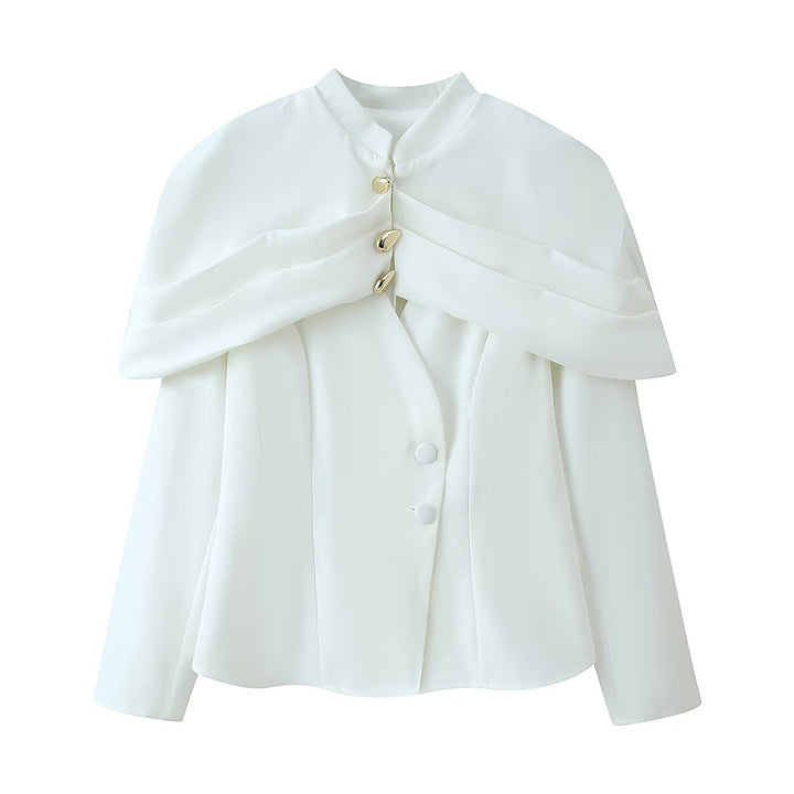 Women Short Tailored Blazer with Cape Overlay and Stand Collar Mune Fashion