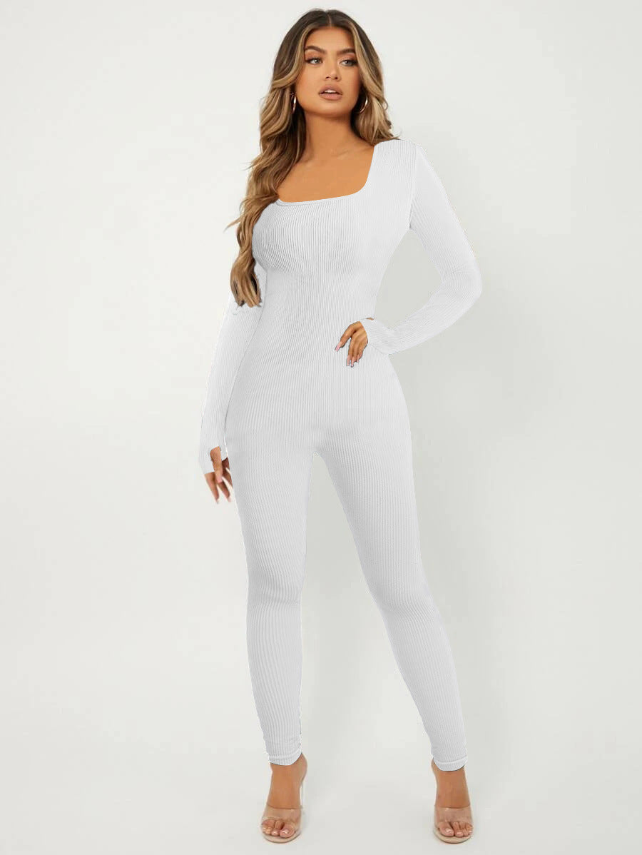 Women's Ribbed Skinny Jumpsuit with Square Neckline, Long Sleeves and Thumbhole Mune Fashion