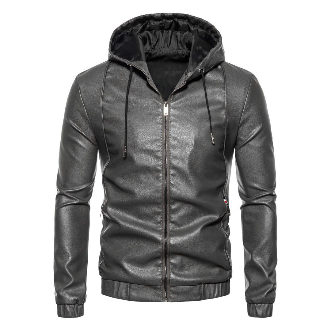 Men's Hooded Leather Jacket in Biker Style with Zipper and Slim Silhouette Mune Fashion