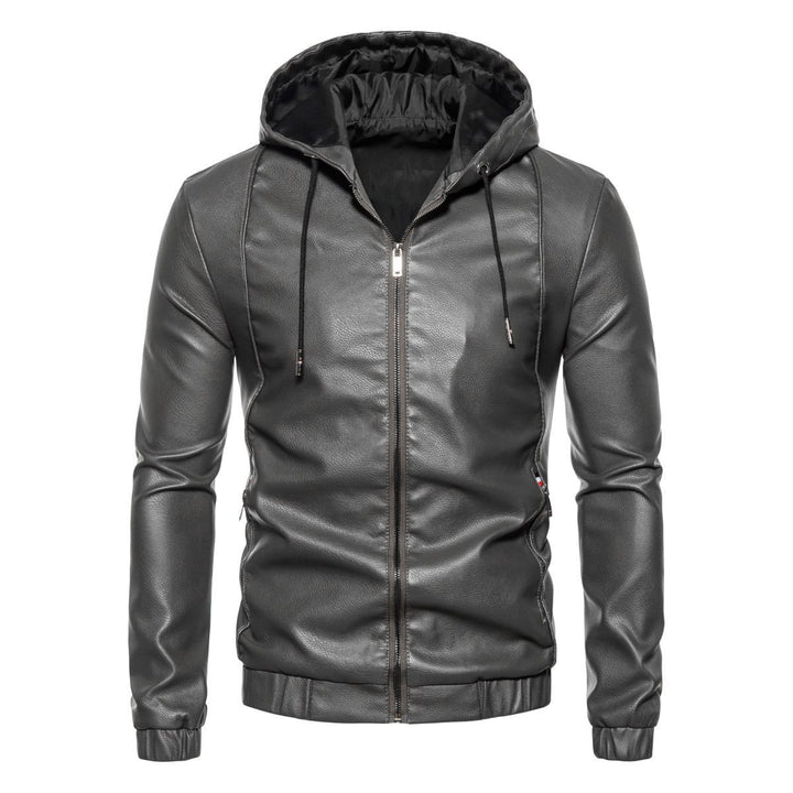 Men's Hooded Leather Jacket in Biker Style with Zipper and Slim Silhouette Mune Fashion