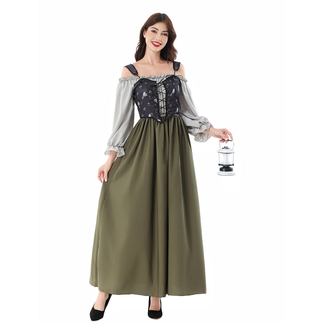 Ladies Corsage Dress with Lace-Up Corset and Off-the-Shoulder Blouse Top Mune Fashion