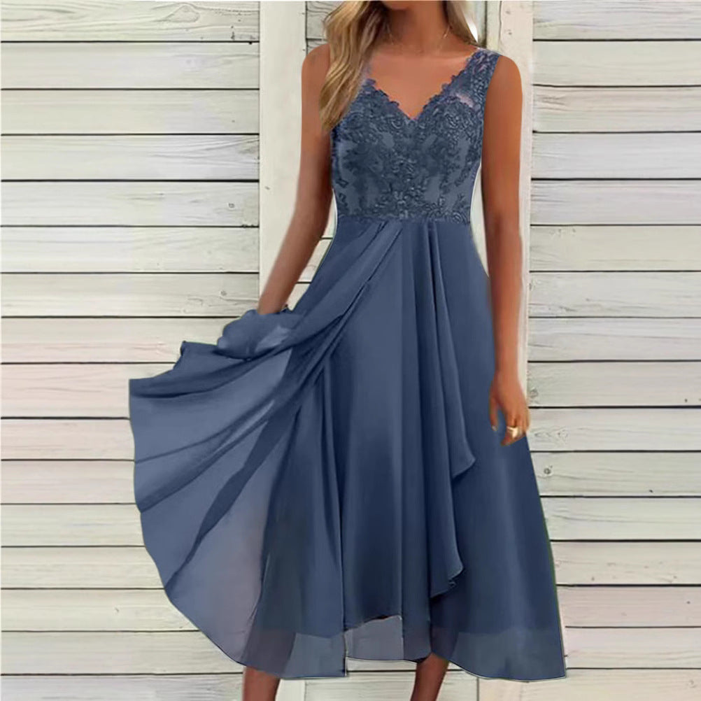 Women's elegant evening midi dress with embroidered lace bodice, tailored draping, and flowing layered skirt Mune Fashion