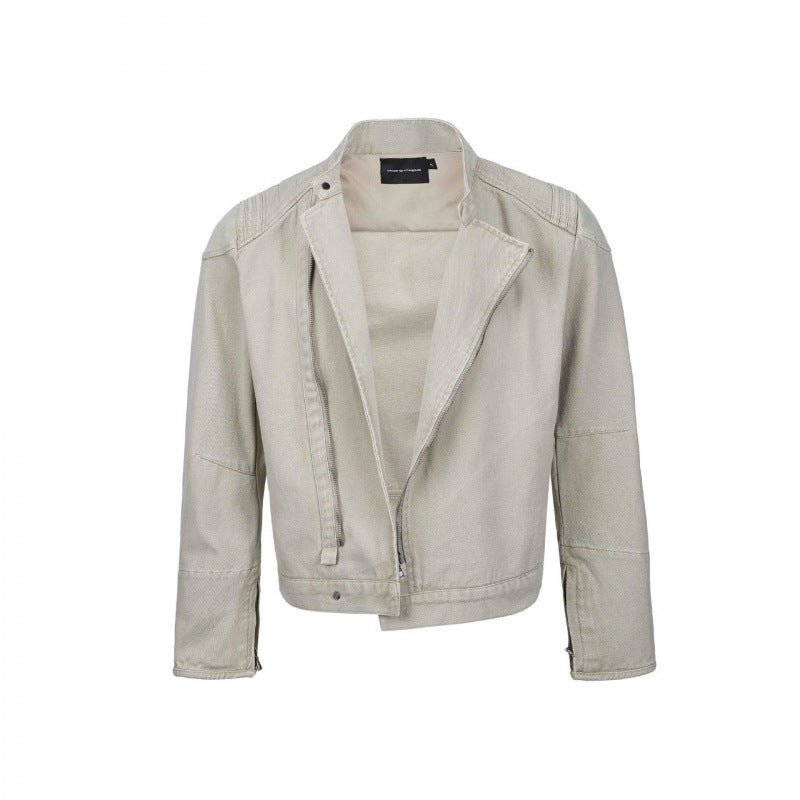 Men's Asymmetric Short Jacket in Biker Style with Stand-up Collar and Diagonal Metal Zipper Mune Fashion