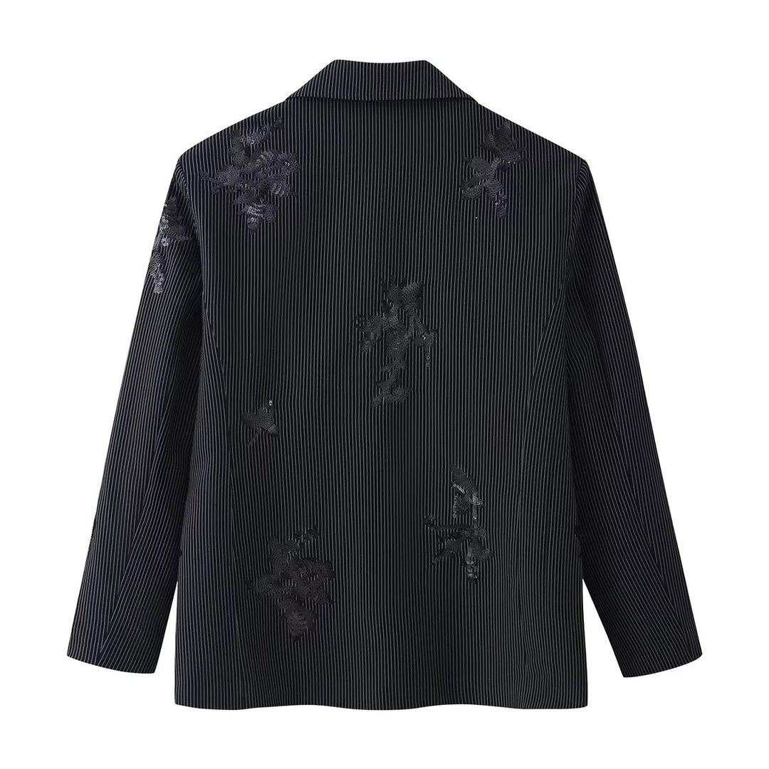 Women's light one-button blazer in pinstripes with floral sequin appliqué Mune Fashion