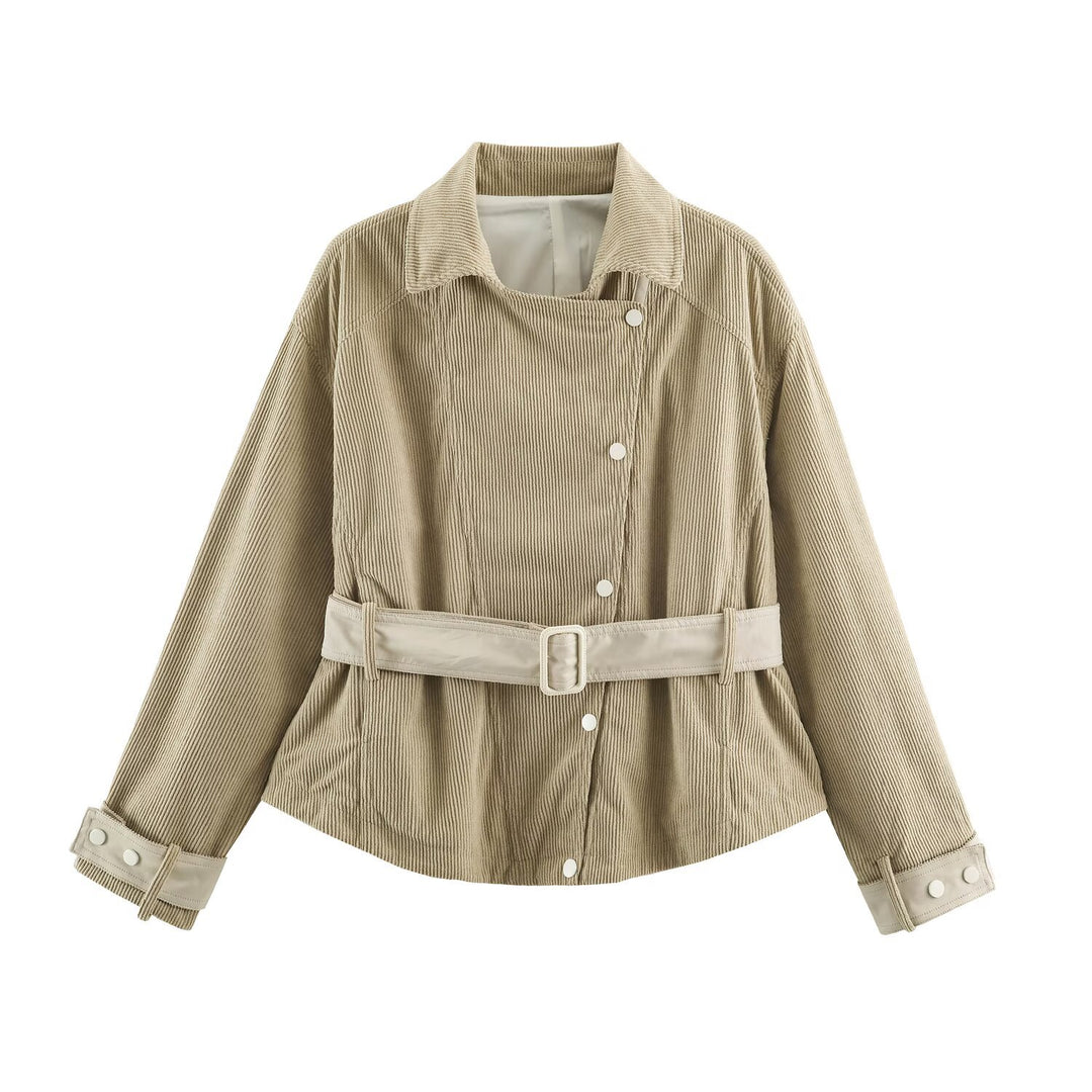 Women's fine cord jacket with waist belt and asymmetrical snap button placket Mune Fashion
