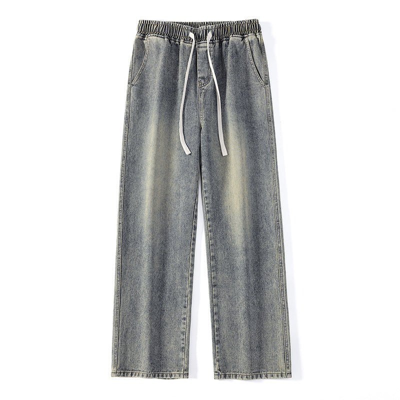 Men's Wide Denim Jogging Pants with Elastic Waistband and Long Drawstrings Mune Fashion