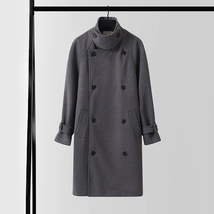 Men's Dramatically Cut Double Breasted Wool Blend Long Coat with Collar Tabs and Tie Belt Mune Fashion