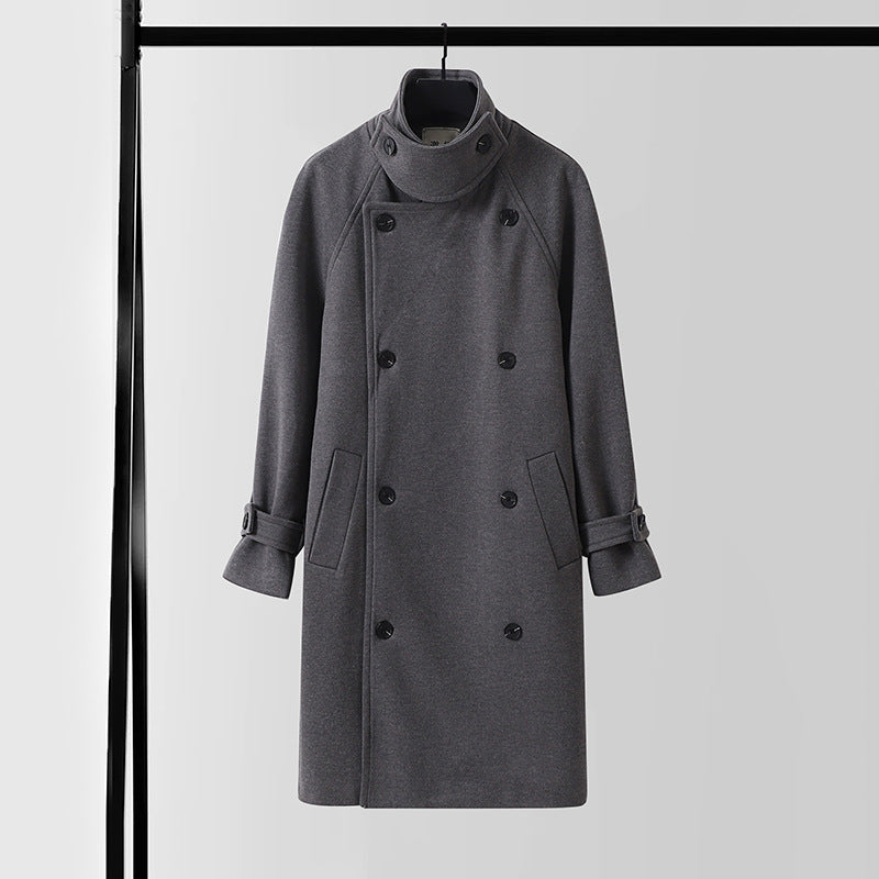 Men's Maxi Length Double-Breasted Wool Blend Coat with High Stand Collar and Tie Belt Mune Fashion
