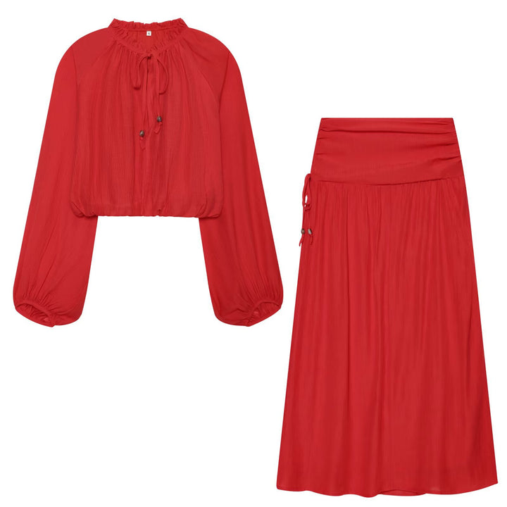 Women's Lightweight Pleated Crop Top with Ruffled Collar and Drawstring Mune Fashion