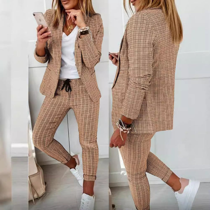 Women's two-piece checkered blazer and slim-fit jogging pants with drawstring Mune Fashion