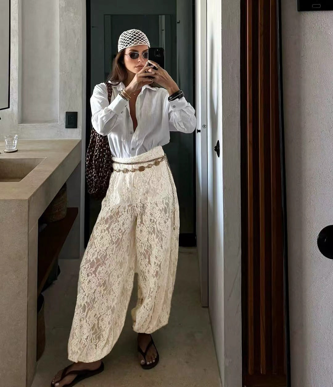 Women Wide Lace Harem Pants with Elastic Waistband Mune Fashion