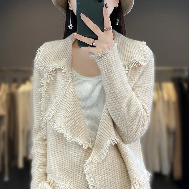 Women’s Long Fringe Knit Cardigan with Large Shawl Collar and Fine Rib Structure Mune Fashion