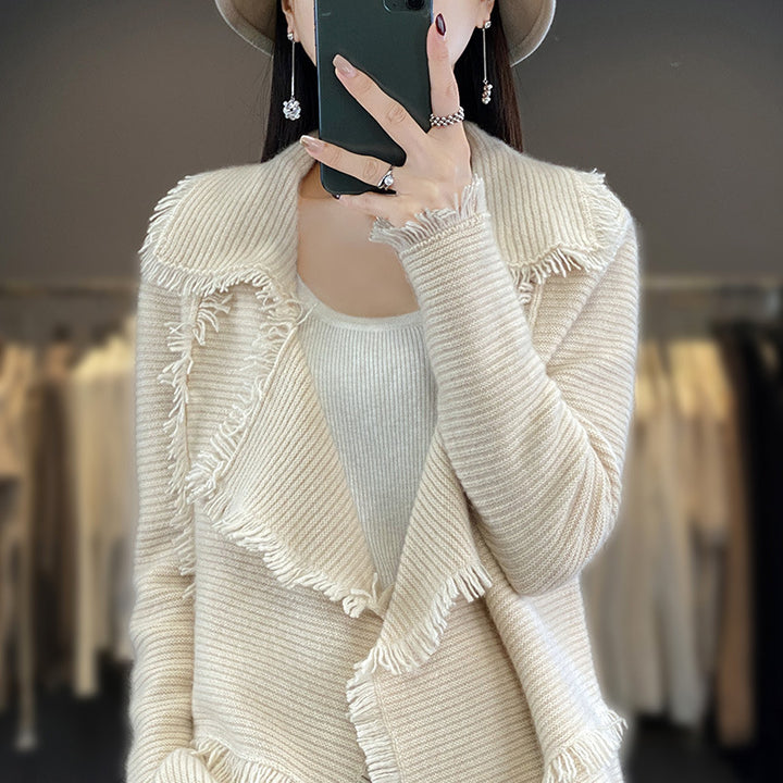 Women’s Long Fringe Knit Cardigan with Large Shawl Collar and Fine Rib Structure Mune Fashion