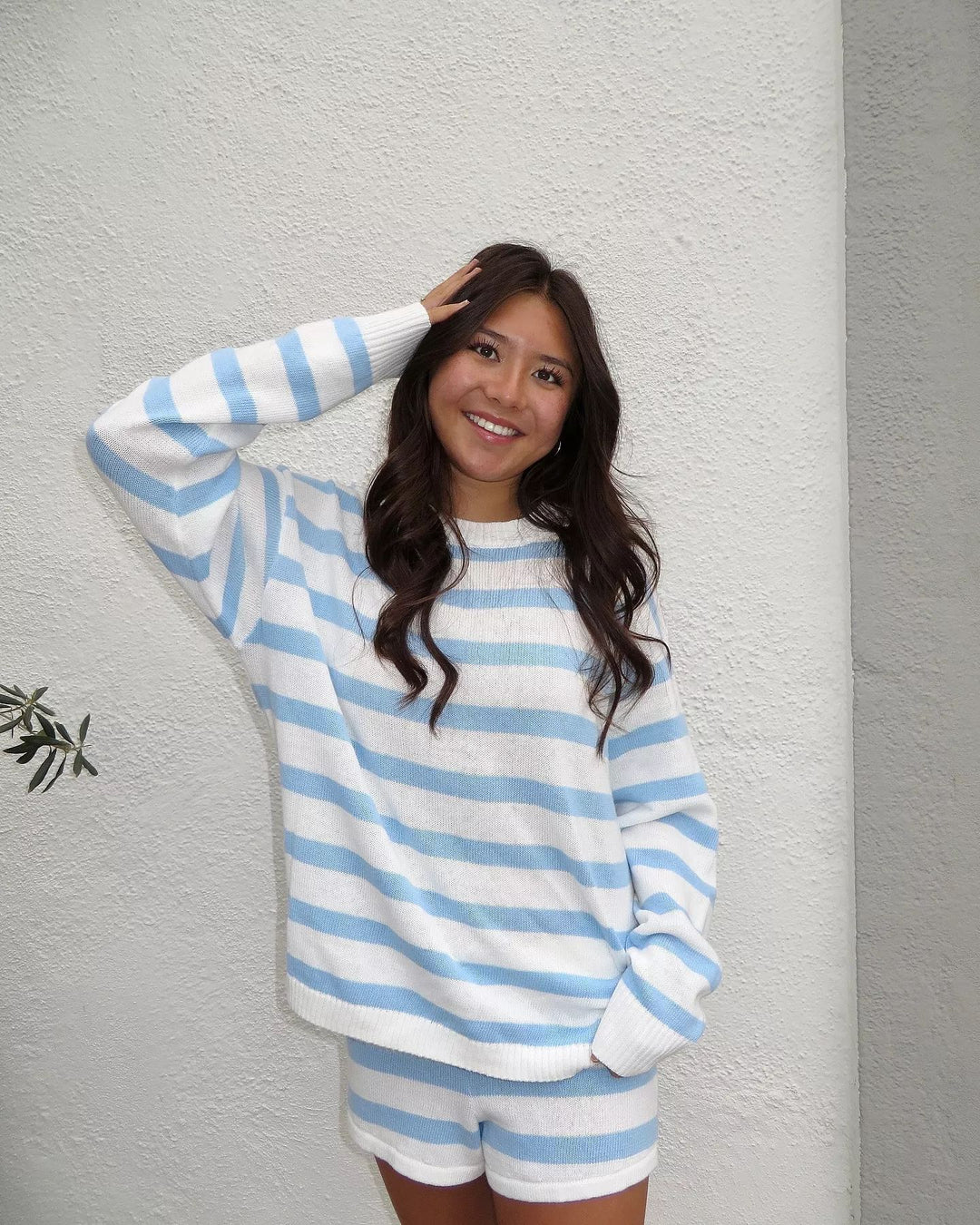 Women striped knit loungewear set with wide sweater and drawstring shorts Mune Fashion