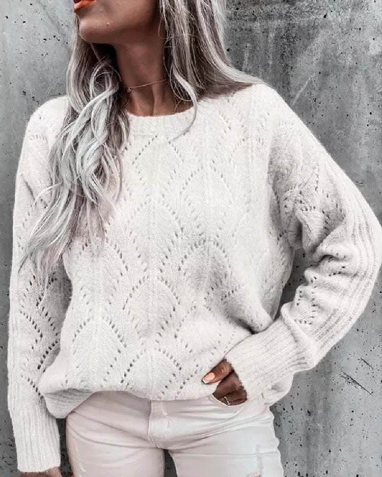 Women Oversize Ajour Knit Sweater with Round Neck Mune Fashion
