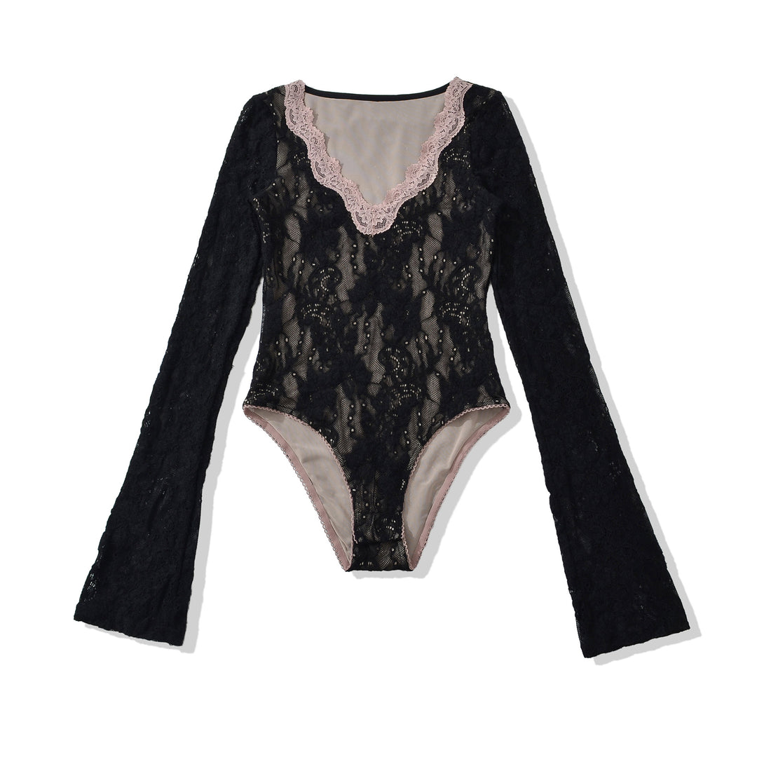 Women's lace bodysuit with long sleeves, deep V-neck and fine tulle lace.