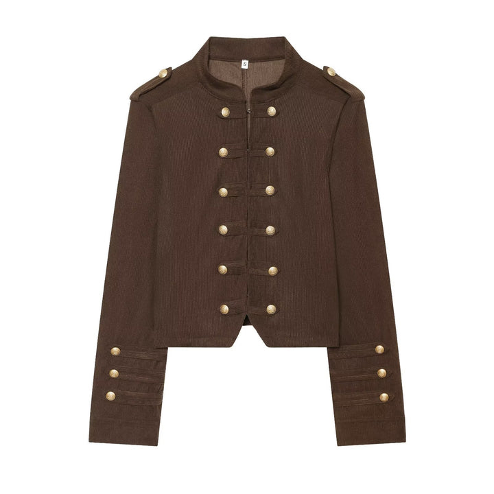 Women Short Military Jacket in Boxy Cut with Stand Collar and Decorative Buttons Drune