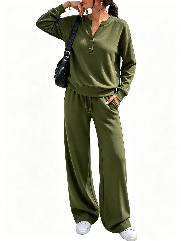 Ladies Lounge Set with Henley Collar and Palazzo Wide Jogging Pants Mune Fashion