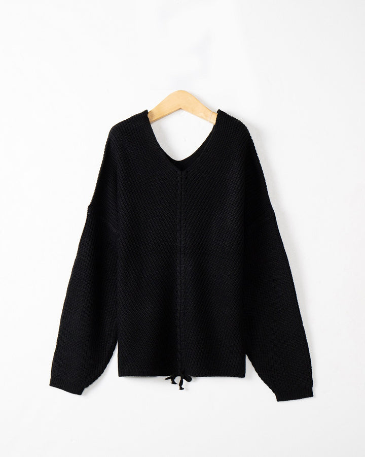 Women's knit sweater with cable center seam, V-neck and drawstring Mune Fashion