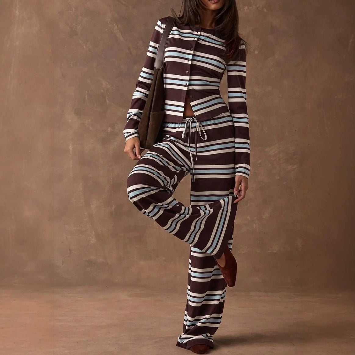Ladies Striped Knit Lounge Set with Tailored Button Cardigan and Wide Palazzo Pants Mune Fashion